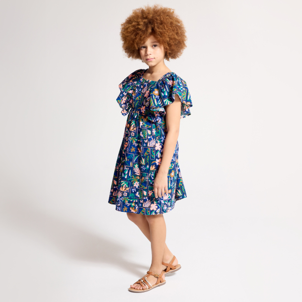 فستان بناتي أزرق مطبوع بأكمام قصيرة مكشكشة